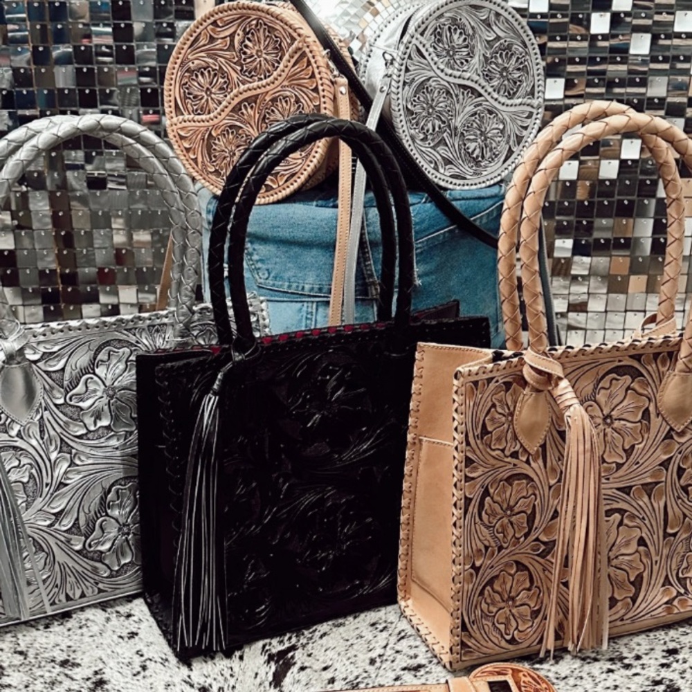 Que Chula Marcos Black Leather Handmade Woven XL Tote Purse Braid Tooled Mexico